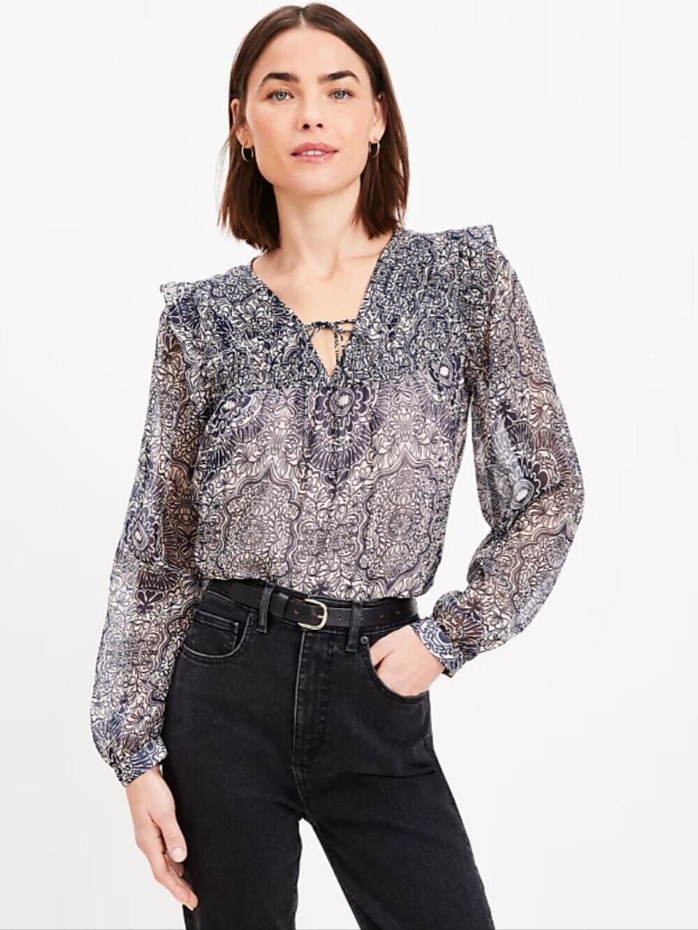 LOFT Navy and White Paisley Tie-Neck Blouse